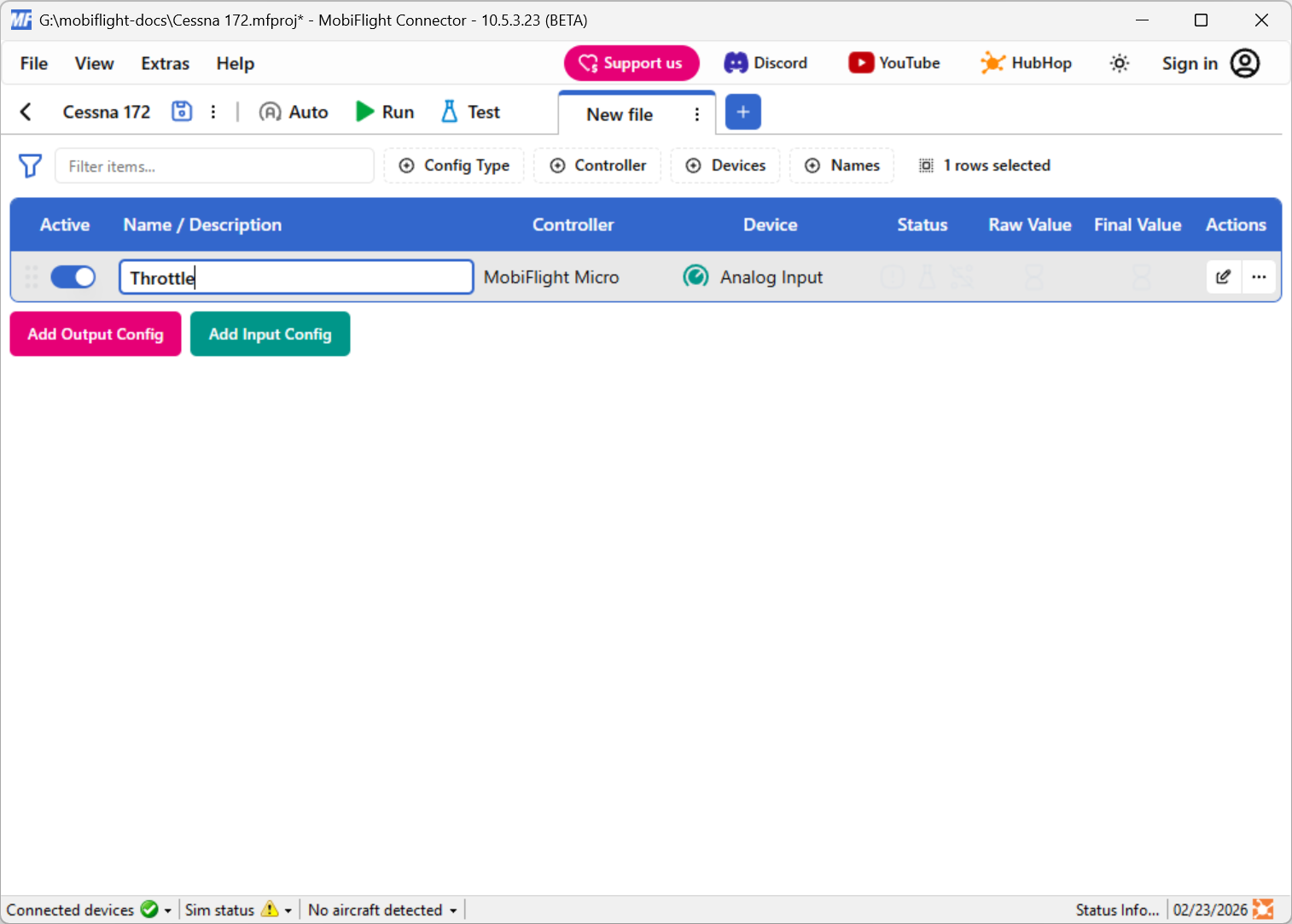 Screenshot of the main window with Throttle entered as a custom name.