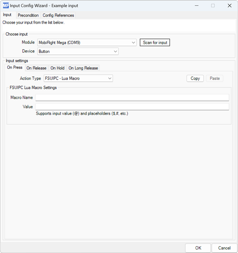 Screenshot of a button input with the FSUIPC - Lua Macro action type selected.