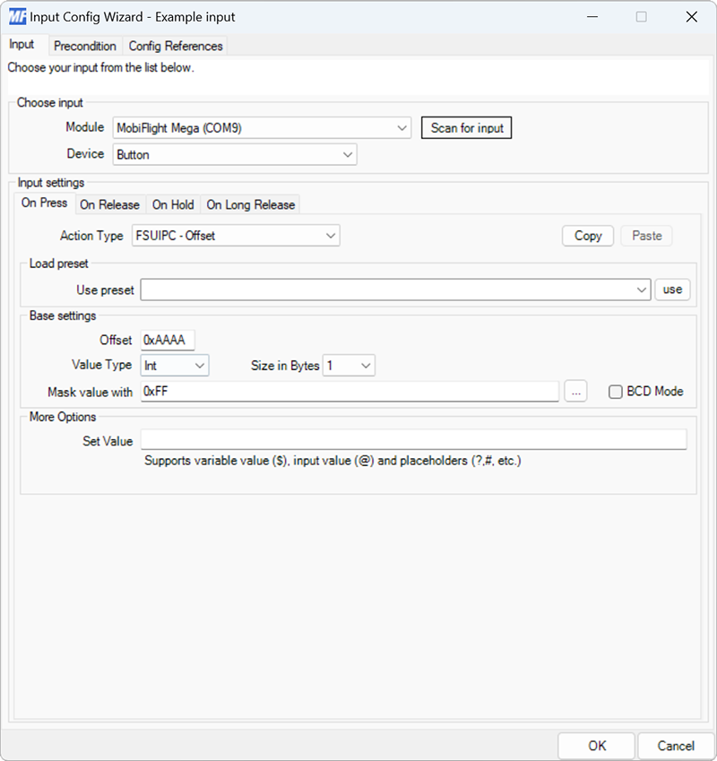 Screenshot of a button input with the FSUIPC - Offset action type selected.