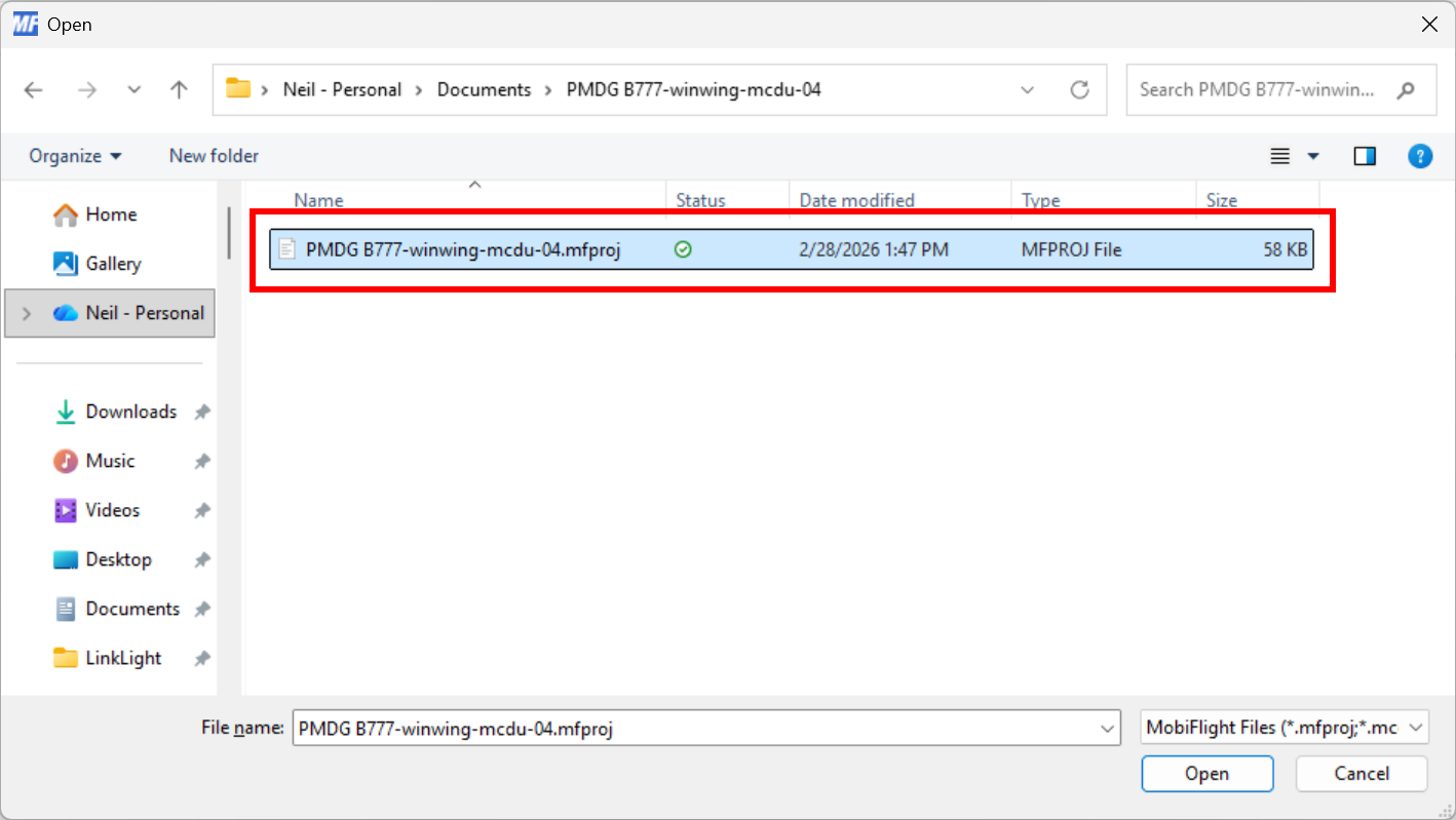 Screenshot of the Windows file dialog with a downloaded .mfproj file and the Open button highlighted.