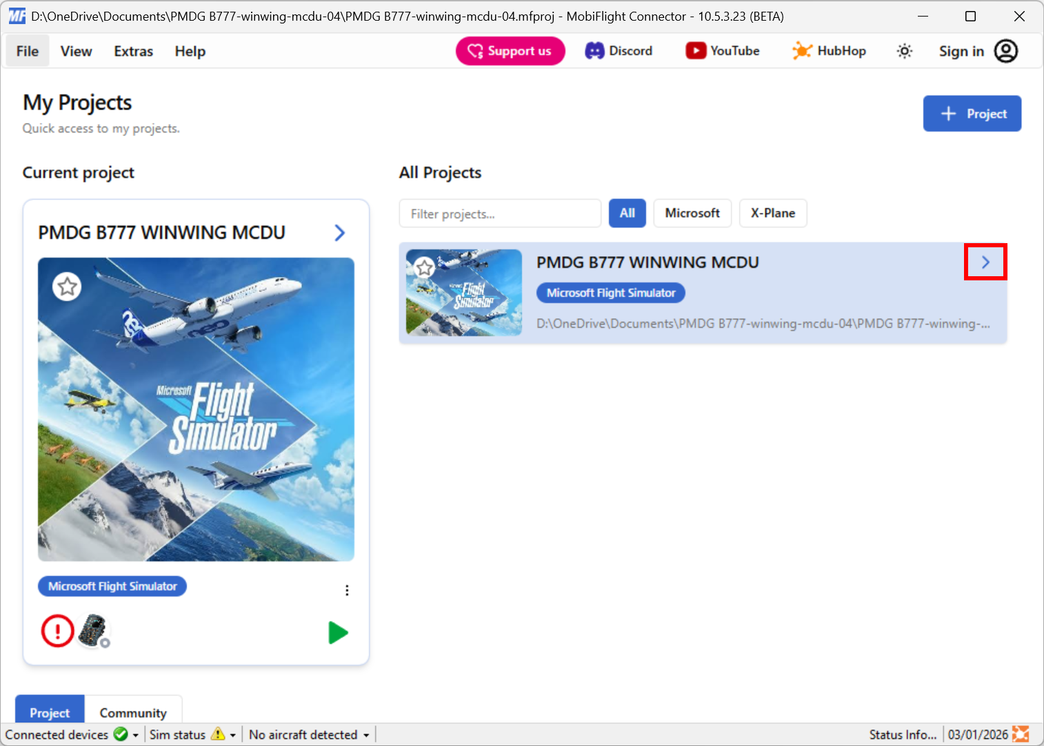Screenshot of the main MobiFlight window with the > button highlighted.