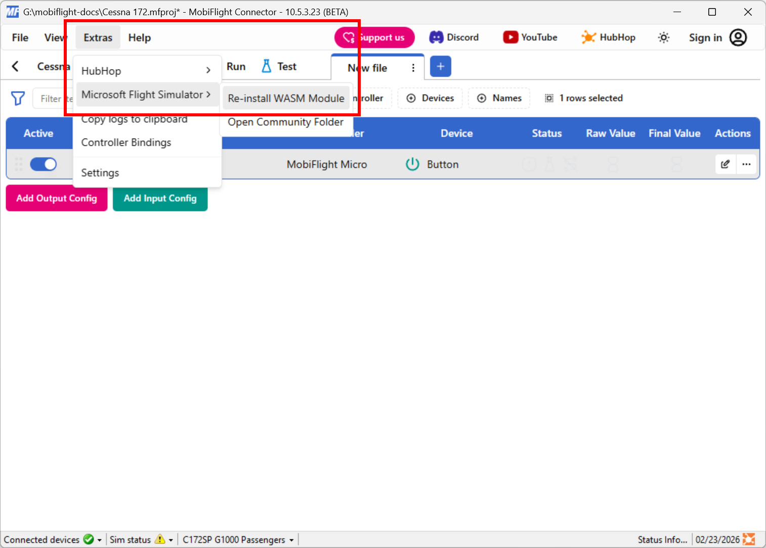 Screenshot of the main MobiFlight window with the Extras menu, Microsoft Flight Simulator submenu, and Install WASM Module menu item selected.