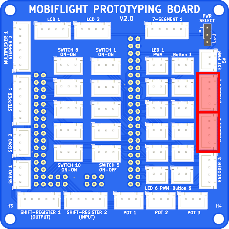 Photo of a prototype board with the dual encoder connections highlighted.